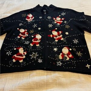 Vintage Designers Studio Sweater Womens 2X  Black Christmas Santa Full Zip